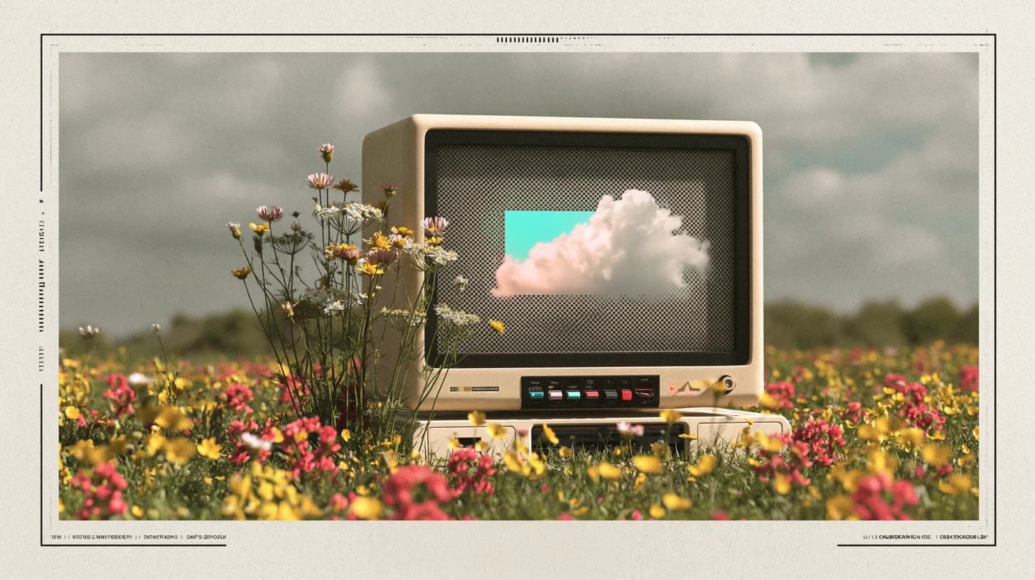 A vintage monitor displaying a cloud in a wildflower meadow