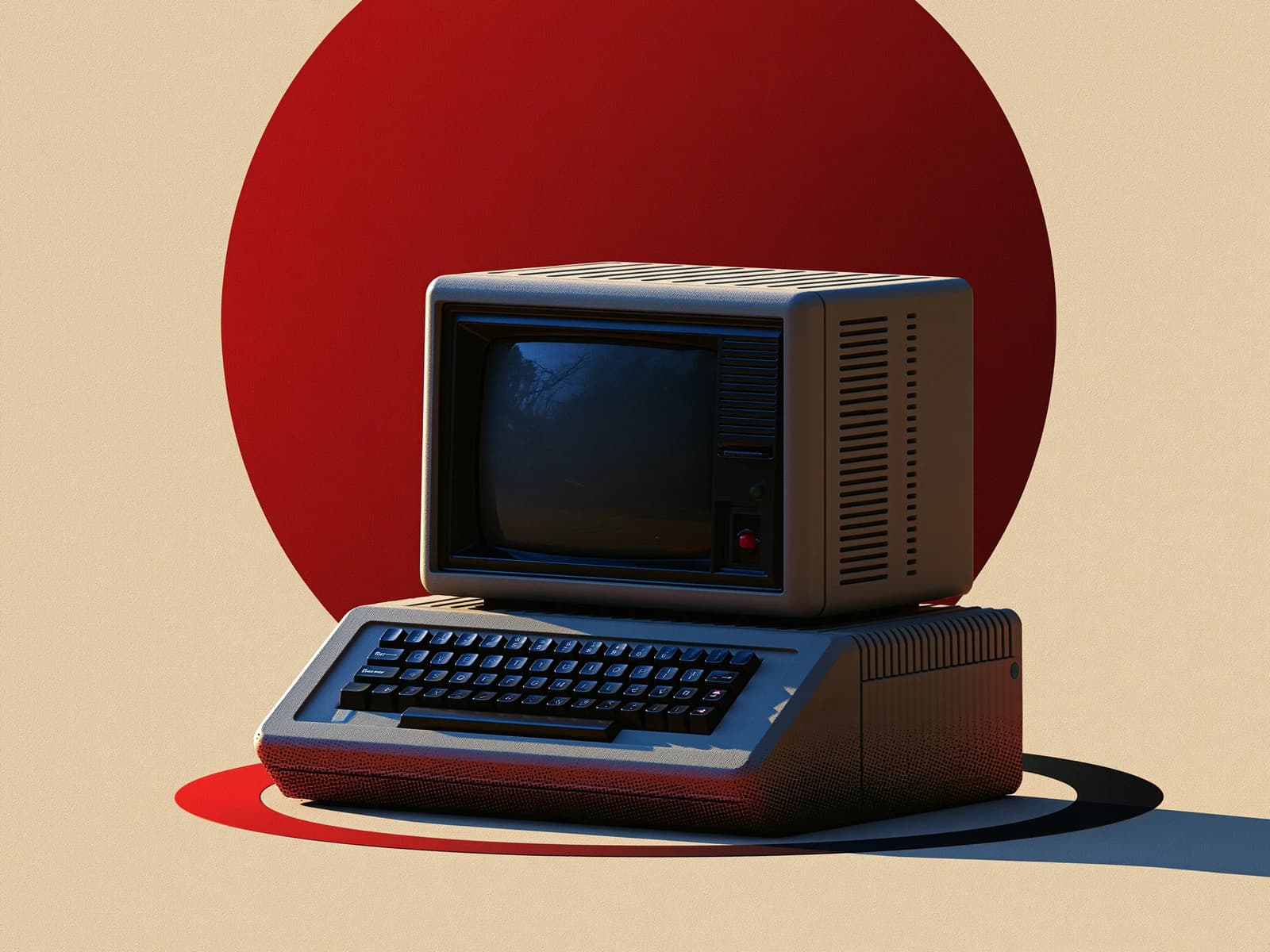 Vintage computer arranged against a clay-red disc in an editorial print