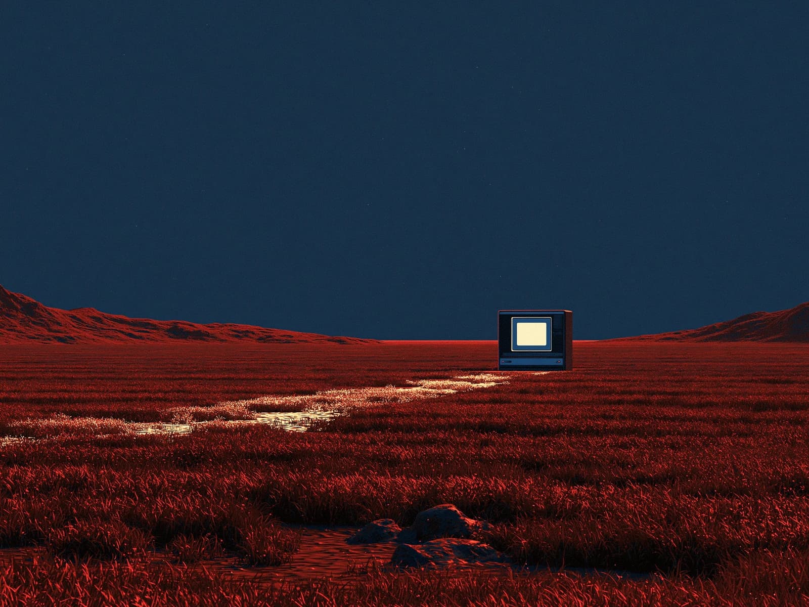 A person and a glowing vintage computer facing each other in a red night valley